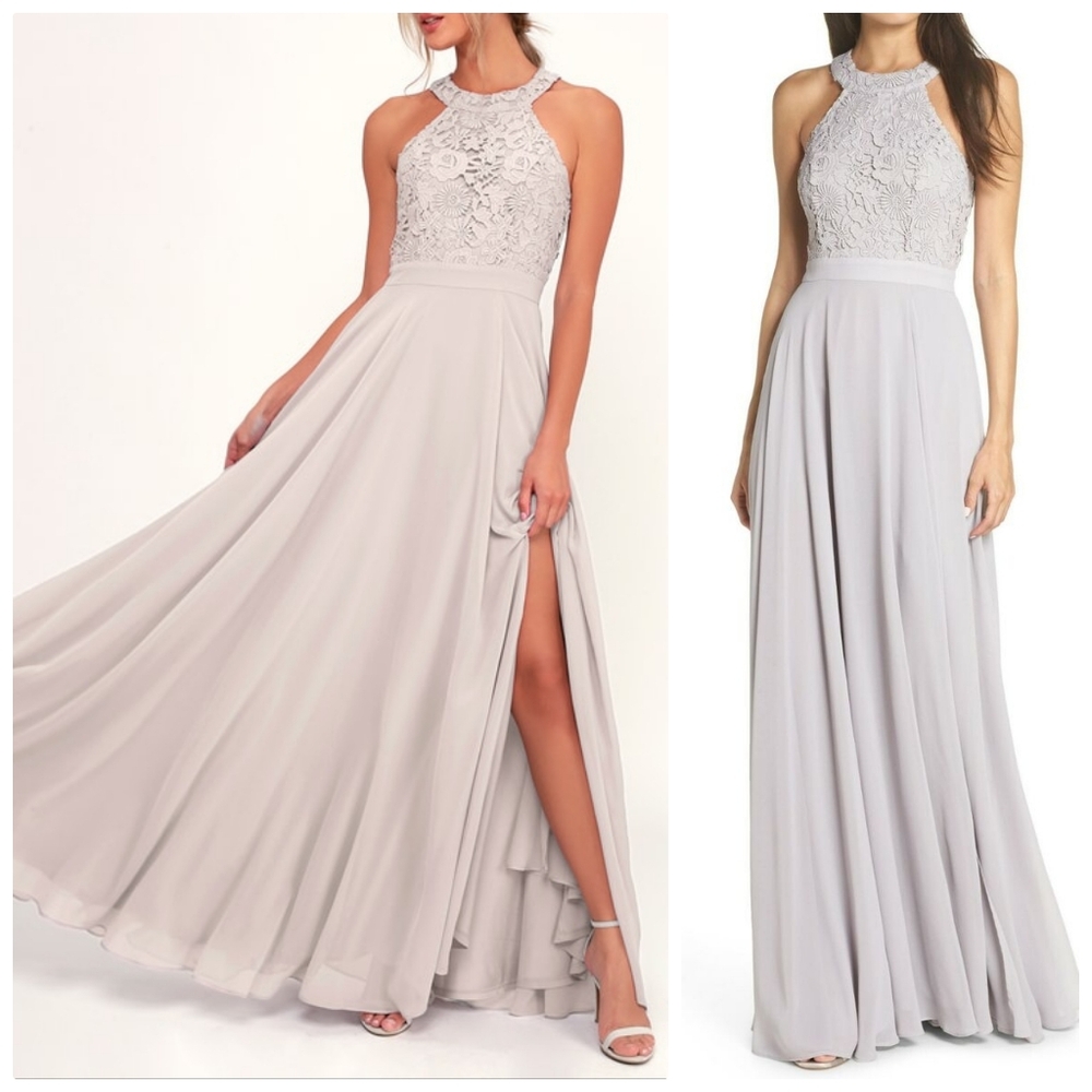LuLus Gray Lace Halter Maxi Dress